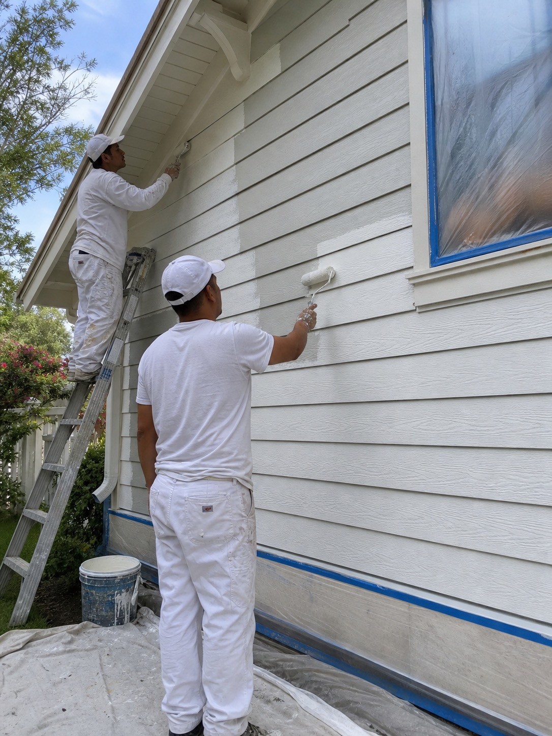B&M Painting and Construction crew working on an exterior painting project